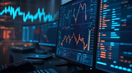 A high-tech trading desk filled with crypto graphs 