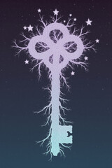 Generative AI Celestial Key Tree with Stars Illustration Fantasy Night Sky Branches Magical Mystical Design Art Artwork Drawing Digital art Unlock Potential Magic Mystery - Download Now