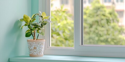 Innovative smart window technology featuring self-tinting glass in a light blue environment with a green view