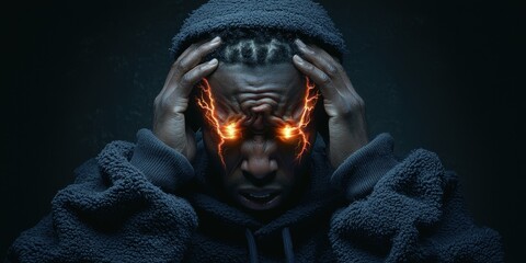 A figure's emotional intensity experiencing a debilitating migraine in darkness
