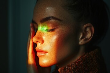 A softly illuminating green light on a figure's face debilitating migraine experience in a tranquil environment