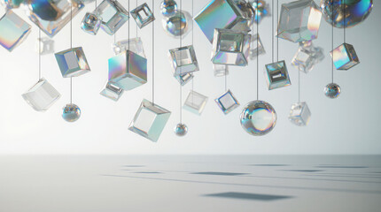 Generative AI Iridescent Crystal Shapes Hanging Abstract Cube Sphere 3d render Geometric Transparent Shiny Reflection Light Shadow White background Minimalist Modern