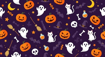 Whimsical halloween pattern featuring cute ghosts smiling pumpkins white cats bats and witch hats on a purple background