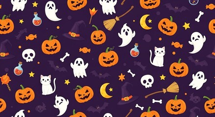 Whimsical halloween pattern featuring cute ghosts pumpkins bats and witch hats on purple background