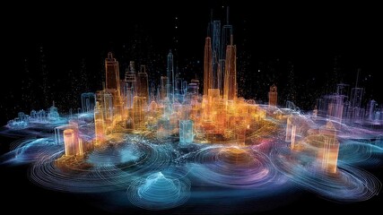 Complex network of connections flowing around futuristic glowing metropolis at night, symbolizing data exchange and innovation in urban development - Powered by Adobe