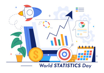 World Statistics Day Vector Illustration Featuring Data Calculation for Socioeconomic Planning and Policy Formulation in a Flat Background