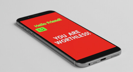 A phone showing a negative message, highlighting the impact of cyberbullying and digital abuse. The image represents the toxic behavior and harassment that can occur on social media platforms.