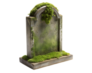 Ancient weathered tombstone covered in lush green moss isolated on transparent background