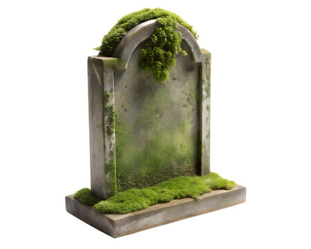 Ancient weathered tombstone covered in lush green moss isolated on transparent background