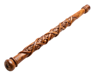 Ornate wooden staff with intricate celtic knot carvings isolated on transparent background