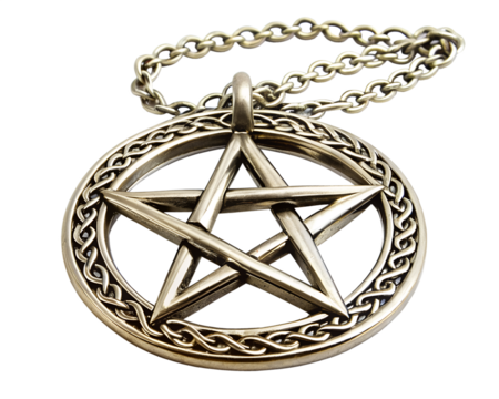 Antique silver pentacle pendant with intricate chain isolated on transparent background