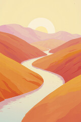 Generative AI Minimalist Landscape with River and Sun Mountains Hills Sunrise Sunset Water Valley Illustration Orange Pink Yellow Graphic Scenic Vista Horizon Peace Serenity - High Quality