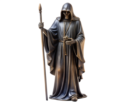 Grim reaper figure holding a staff and orb isolated on transparent background