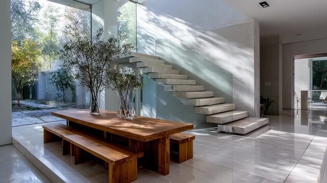 Natural light floods through the uncluttered spaces of this minimalist modern home showcasing its simple yet striking design.