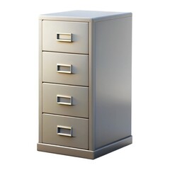 Modern gray four drawer filing cabinet with silver handles isolated on white background