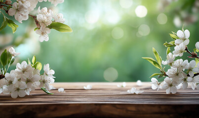 Spring background with white blossoms on a wooden table, blurred green spring nature in the background