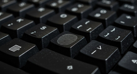 a close up of a black keyboard featuring a fingerprint key, symbolizing secure login and data protection. the image highlights the importance of cybersecurity and biometric authentication for system a