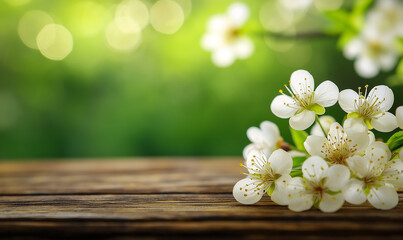 Spring background with white blossoms on a wooden table, blurred green spring nature in the background
