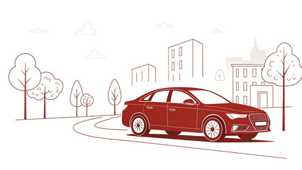 Red Sedan Driving Through Modern Cityscape: Minimalist Line Art Illustration