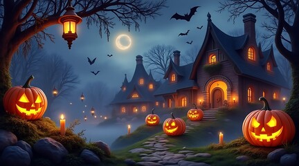 Spooky halloween night with glowing jack o lanterns haunted houses and bats flying under a full moon