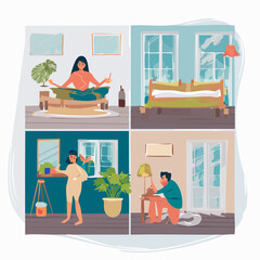 Fototapeta premium Collage of four scenes: woman meditating, bedroom, woman painting, and man fixing lamp.