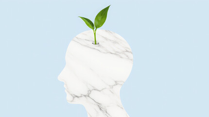 Generative AI Marble Head Sprout: Growth Mindset Concept Silhouette Sprout Plant Light blue Minimalist Profile Human head Marble texture Leaves New life Nature - Unique Design