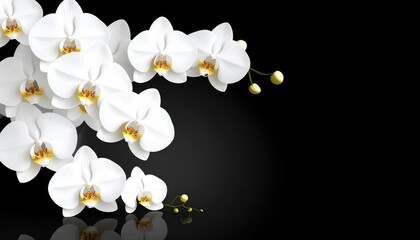 Obraz premium Elegant white orchid blossoms with delicate yellow centers gracefully arranged on a glossy black background, minimalistic floral composition with soft lighting and ample space for copy