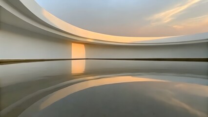 Obraz premium Minimalist Curved Architecture with Reflective Pool and Sunset Light