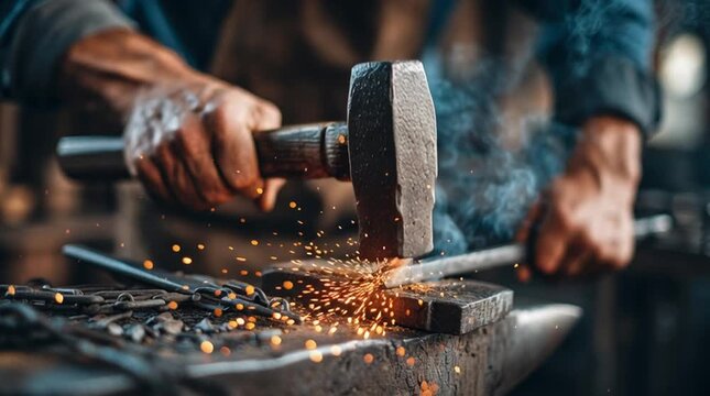 Close-up of blacksmith hammering metal, sparks fly.