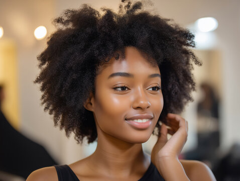 Bare-faced strikingly beautiful black woman at hair salon appointment