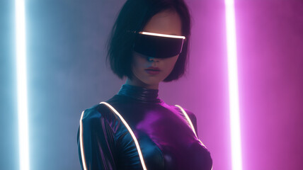 Futuristic woman neon light visor black bodysuit short hair cyberpunk confident glowing