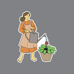 Sticker of a Happy Woman Watering Her Favorite Plants.eps