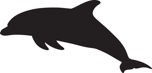 Black vector silhouette of a dolphin in mid-jump, perfect for illustrating marine life, ocean conservation, aquatic themes, and educational content with a minimalist aesthetic