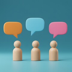 ideas, collaborative discussions. Three wooden figures stand beneath vibrant speech bubbles a blue backdrop, 3D render of three wooden figures standing in front of a blue wall, communication