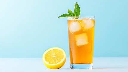 Fototapeta premium Refreshing iced tea with lemon and mint garnish on a blue background