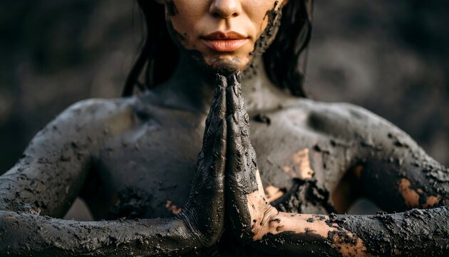 Woman covered in mud, hands in prayer position