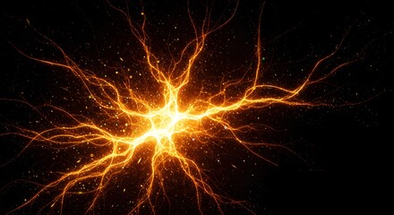 Abstract rendering of a bright, branching electrical discharge or neural network against a dark background, radiating light and energy.
