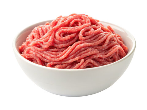 Fresh raw ground beef piled high in a white bowl isolated on transparent background