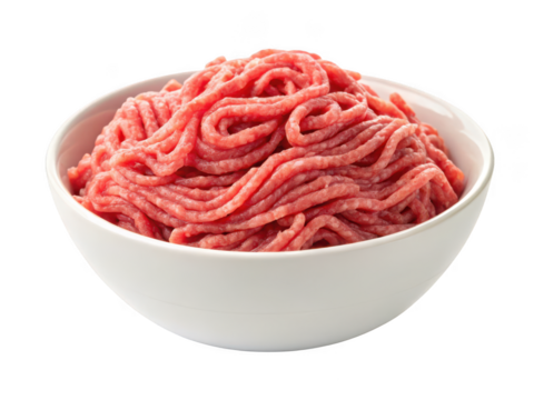 Fresh raw ground beef piled high in a white bowl isolated on transparent background