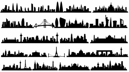 A collection of city skyline silhouettes showcasing various architectural landmarks and urban landscapes in black