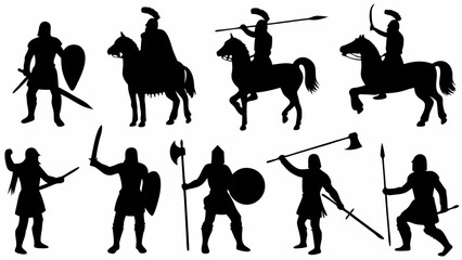 Obraz premium Silhouette illustration of medieval warriors and soldiers on horseback with weapons and shields ready for battle