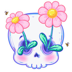 Cute Pastel Skull with Flower Eyes and Bees Kawaii Cartoon Style