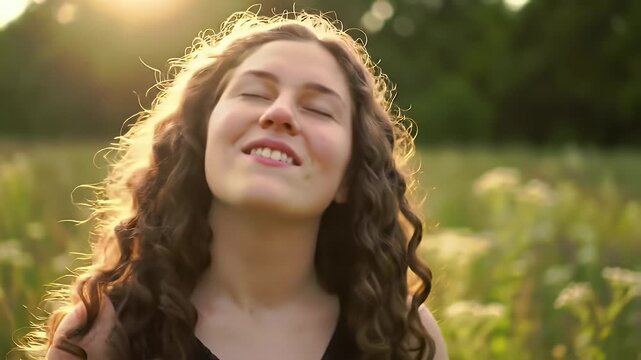 Blissful Young Woman with Curly Hair Smiles in Sunlit Meadow a Captivating Potrait