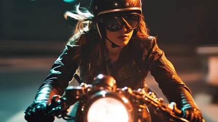 Night Rider: A Woman on a Classic Motorcycle - Powered by Adobe
