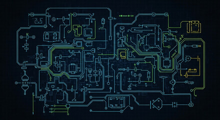 Intricate Circuit Board Diagram with Blue and Green Lines on Dark Background.
