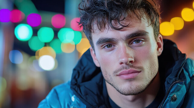 Close-up of a man with an angular face, wearing a jacket, looking confidently at the camera, with colorful bokeh lights in the background. 