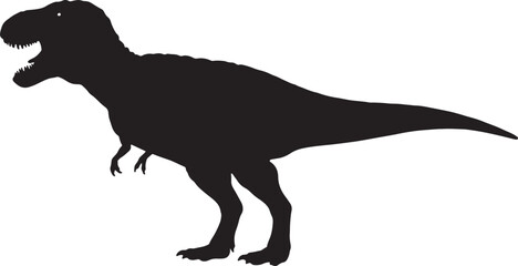 Dynamic black silhouette of a formidable Tyrannosaurus Rex dinosaur, capturing its powerful stance and iconic profile, perfect for prehistoric, nature, or educational themes