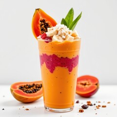 realistic photo of a tropical smoothie cup with orange papaya base