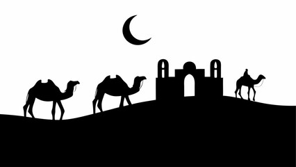 Silhouette of camels and a building under a crescent moon in a monochrome desert landscape scene view image