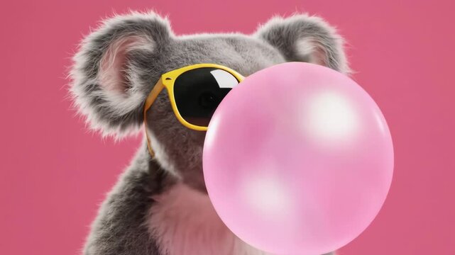 Playful koala plush toy with bubble gum and sunglasses